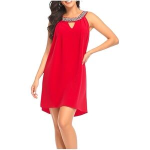 Ricki’s Red Chiffon Sleeveless Shift Dress with Jewelled Collar Size Medium